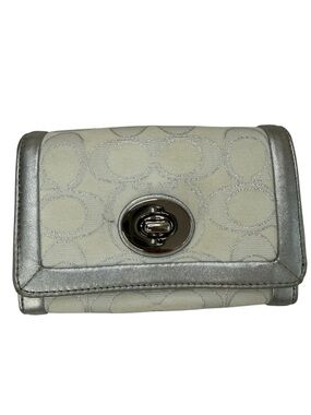 Coach White & Metallic Silver Turn Lock Wallet Signature C